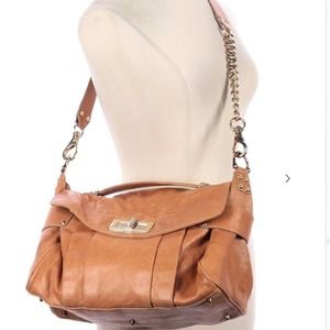 Be&D crossbody tan leather satchel with gold accent